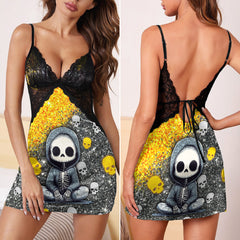 Yellow Glitter Skeleton Art Women's Back Lace Babydolls Nightgowns