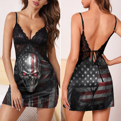 Metallic USA Flag Skull Back Lace Babydolls Nightgowns