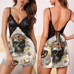 Black Skull Lip Vintage Women's Back Lace Babydolls Nightgowns