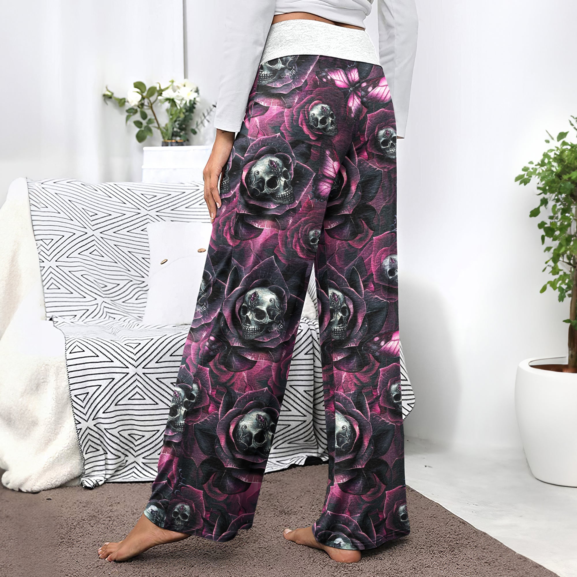 Skull Rose Abstract Pattern Women's High-waisted Wide Leg Pants