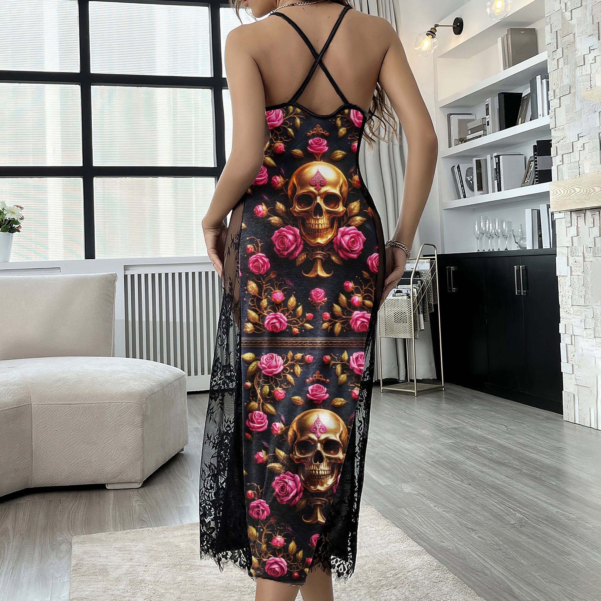 Golden Skull & Crimson Bloom Lace Cami Sleepwear