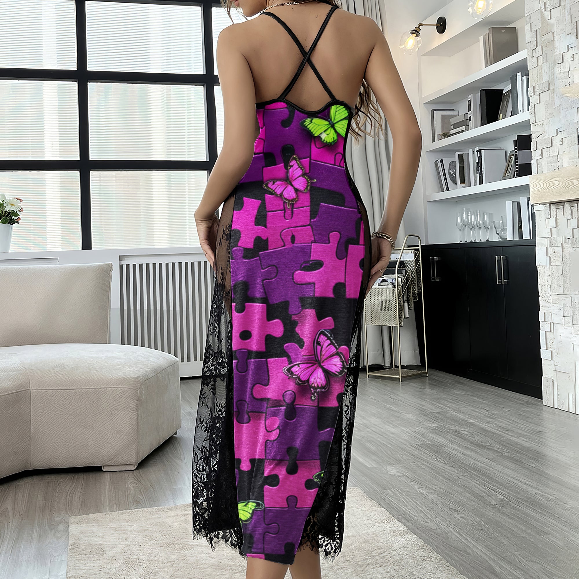 Neon Skull Butterfly Puzzle Lace Cami Sleepwear