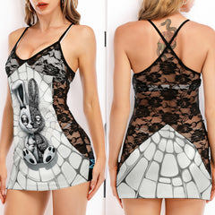 Split Persona Bunny Skull Women's Black Lace Cami Dress Babydolls Nightgowns