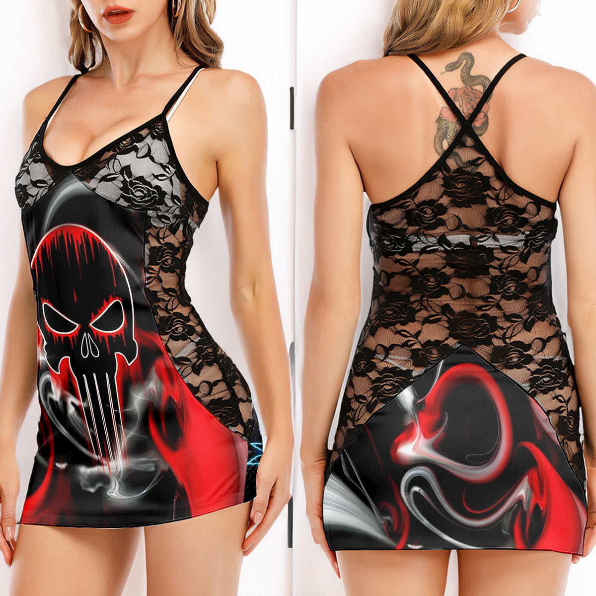 Abstract Reaper Smoke Women's Black Lace Cami Dress Babydolls Nightgowns