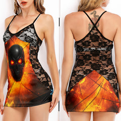 Chained Inferno Skull Women's Black Lace Cami Dress Babydolls Nightgowns