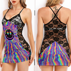 Rainbow Drip Smile Women's Black Lace Cami Dress Babydolls Nightgowns