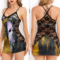 Holographic Drip Skull Art Women's Black Lace Cami Dress Babydolls Nightgowns