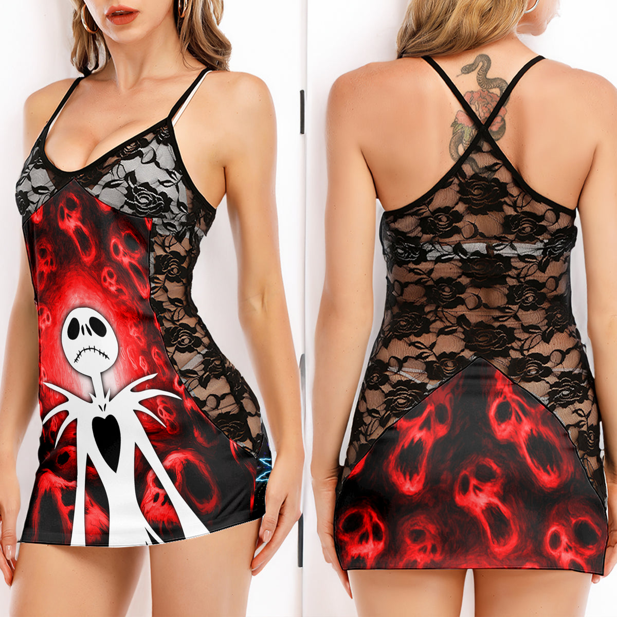 Red Skeleton Midnight Women's Black Lace Cami Dress Babydolls Nightgowns