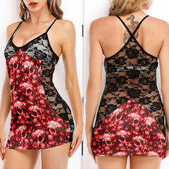 Red Flower Skull Pattern Women's Black Lace Cami Dress Babydolls Nightgowns