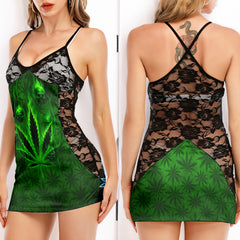 Green Cyber Leaf Skull Women's Black Lace Cami Dress Babydolls Nightgowns