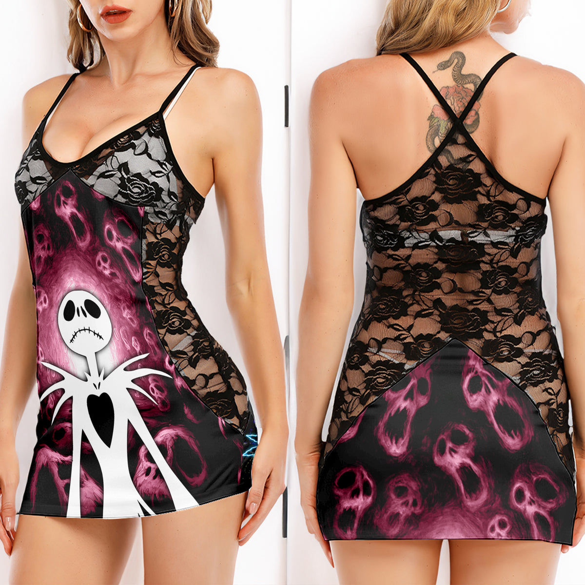 Pastel Skeleton Midnight Women's Black Lace Cami Dress Babydolls Nightgowns