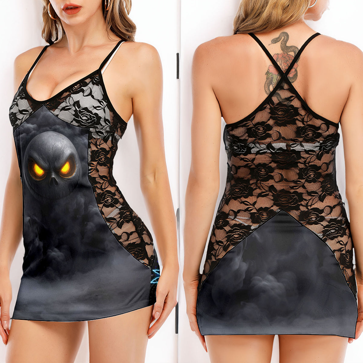 Smoke Ghost Grin Women's Black Lace Cami Dress Babydolls Nightgowns