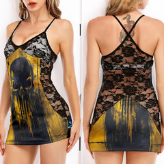 Golden Drip Skull Women's Black Lace Cami Dress Babydolls Nightgowns