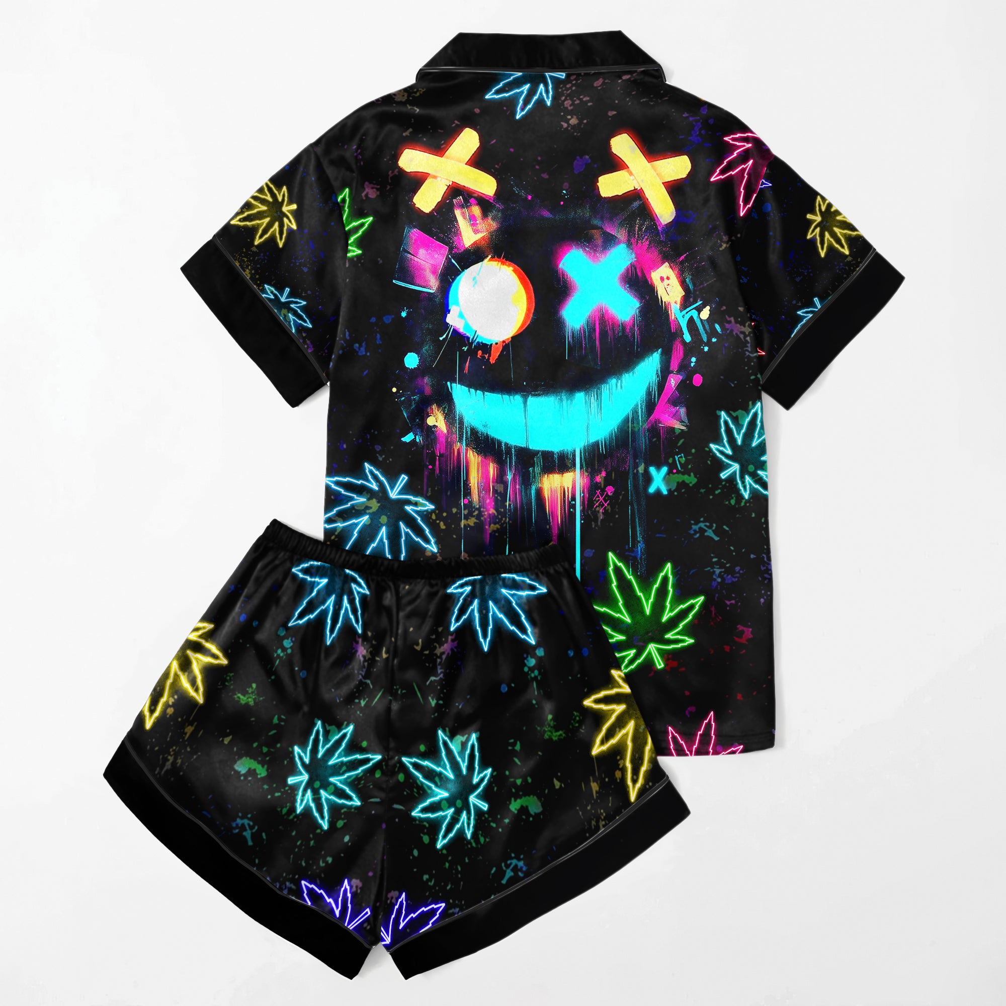 Neon Skull Leaf Art Women's Pajama Sets Top Sleeve & Short Bottom