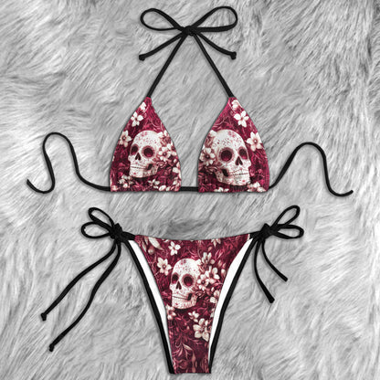Vintage Floral Skull Pattern Micro Triangle Bikini Swimsuit