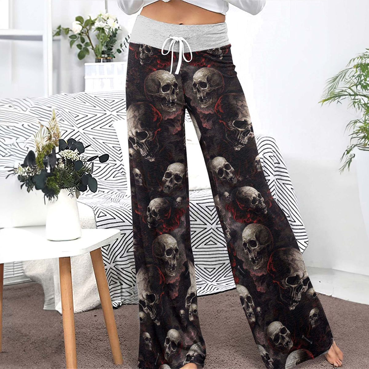 Dark Smoke Skulls Pattern Women's High-waisted Wide Leg Pants