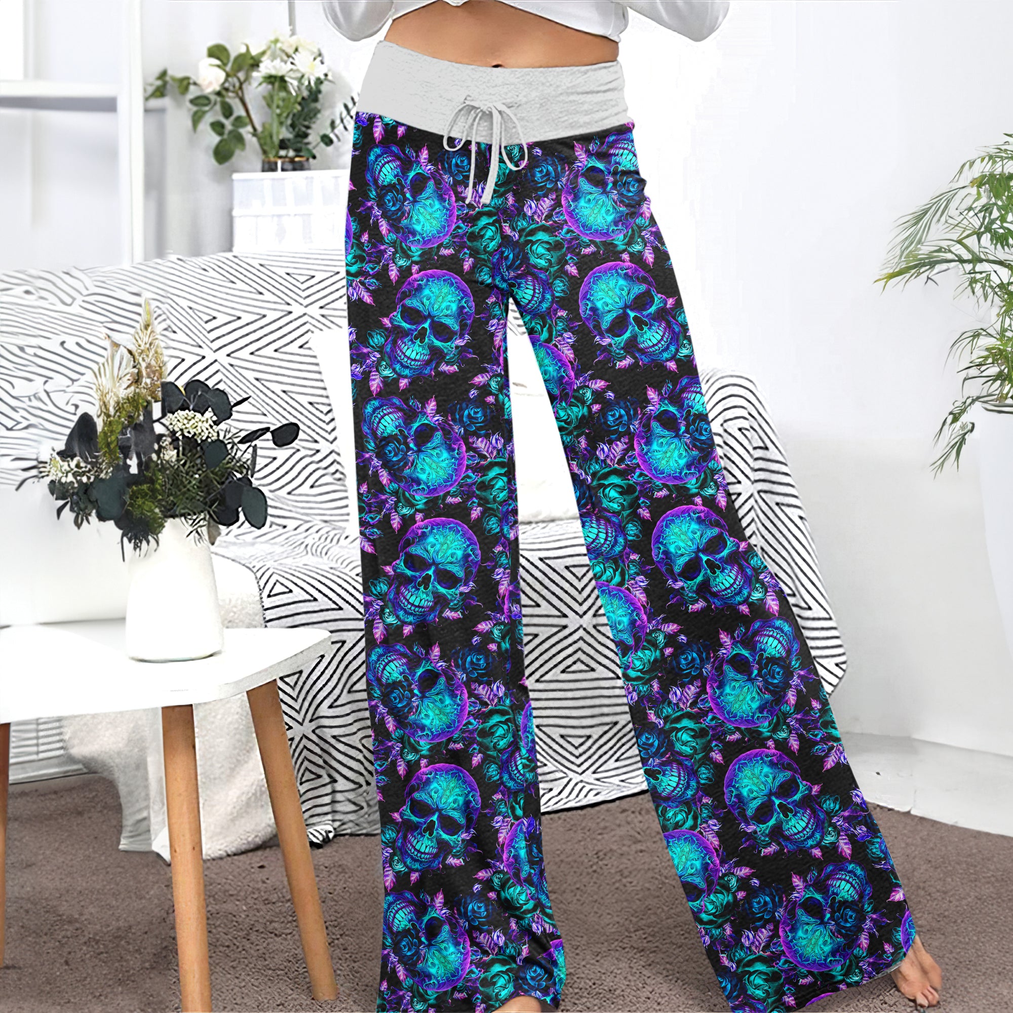 Midnight Royal Skull Rose Women's High-waisted Wide Leg Pants