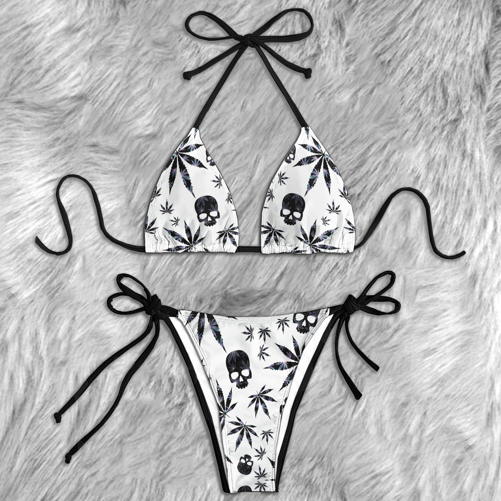 Dark Leaf Skulls Pattern Micro Triangle Bikini Swimsuit