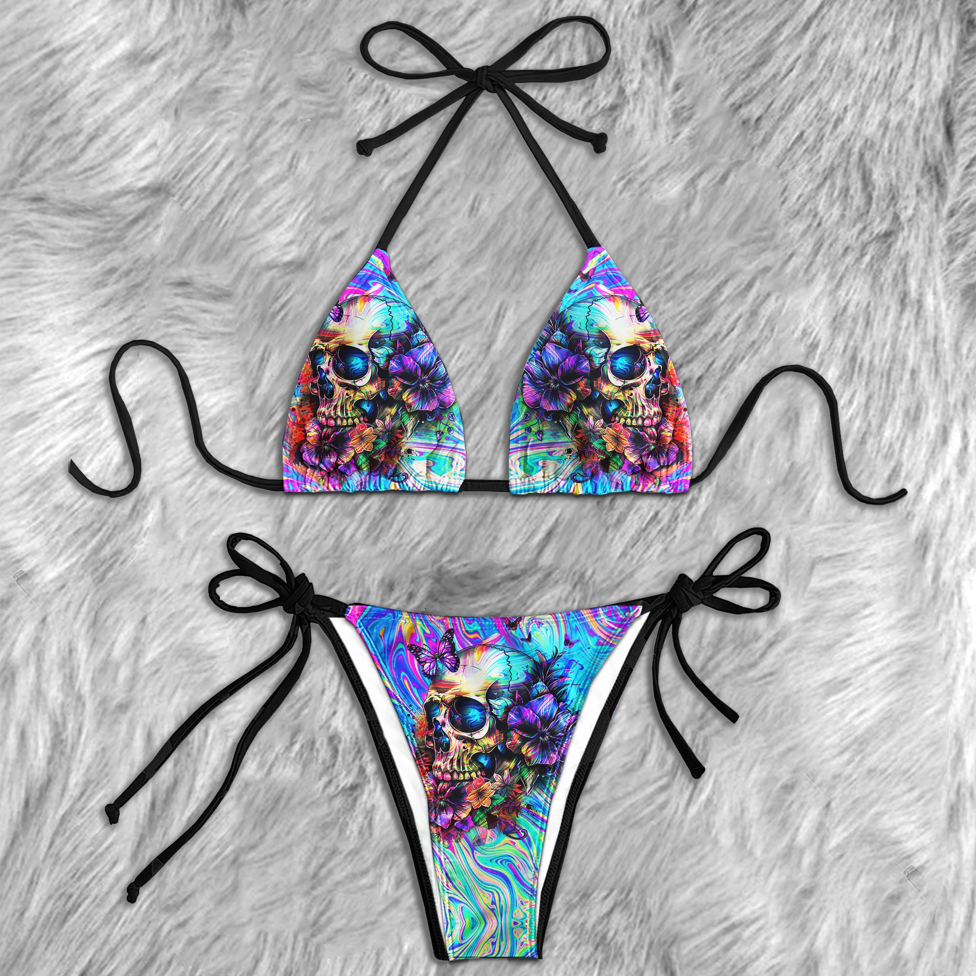 Holographic Skull Flower Micro Triangle Bikini Swimsuit - Wonder Skull