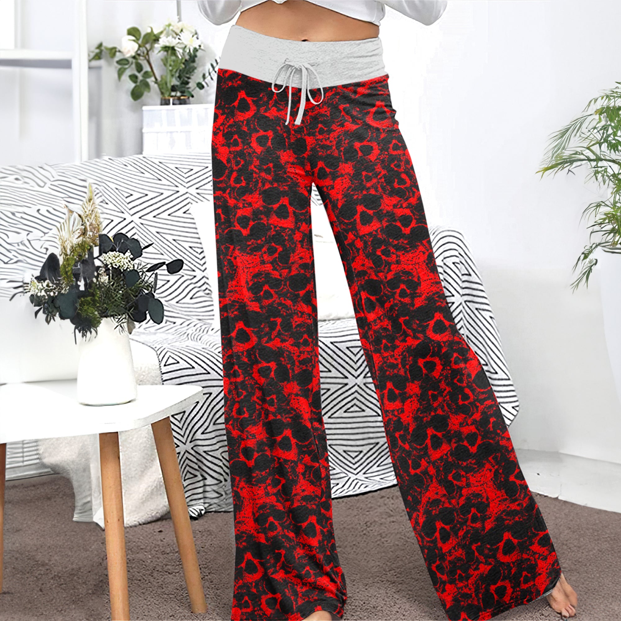Red Skull Pattern Women's High-waisted Wide Leg Pants