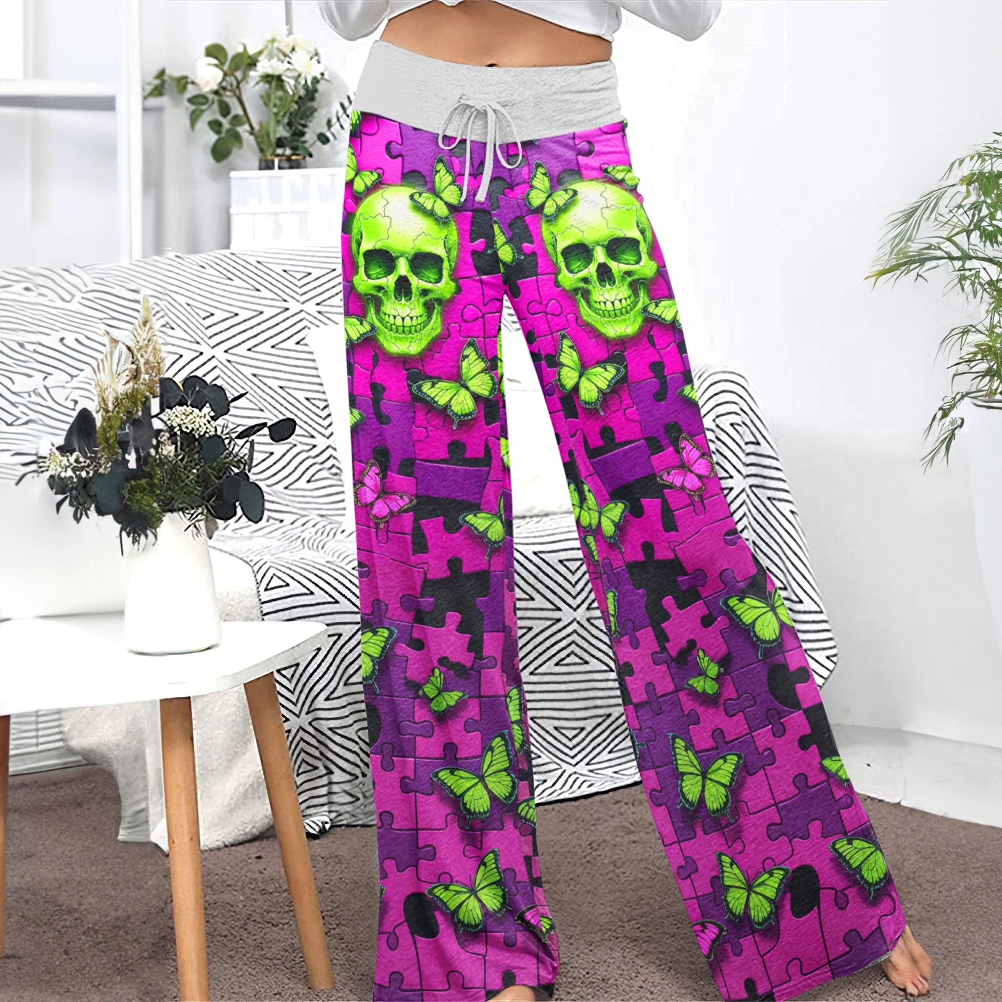 Neon Enigma Skull Butterfly Women's High-waisted Wide Leg Pants