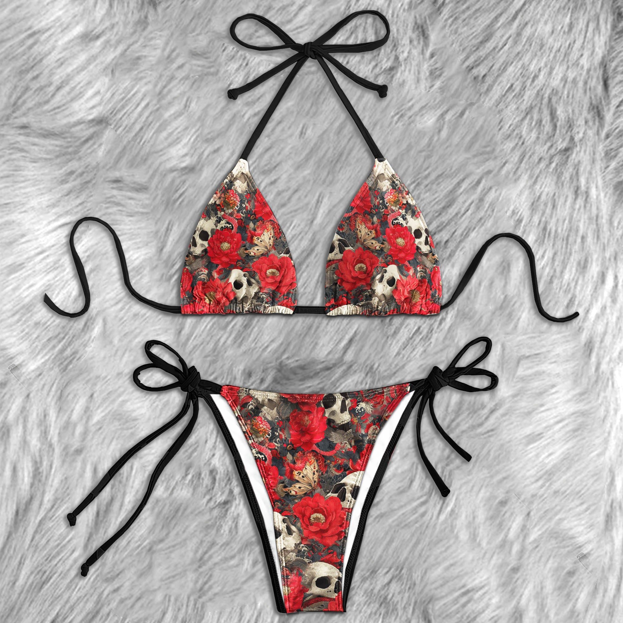 Red Flower Skull Pattern Micro Triangle Bikini Swimsuit