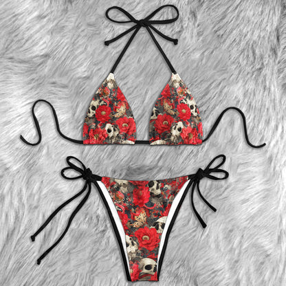 Red Flower Skull Pattern Micro Triangle Bikini Swimsuit