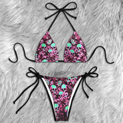 Neon Gothic Skull Daisy Micro Triangle Bikini Swimsuit