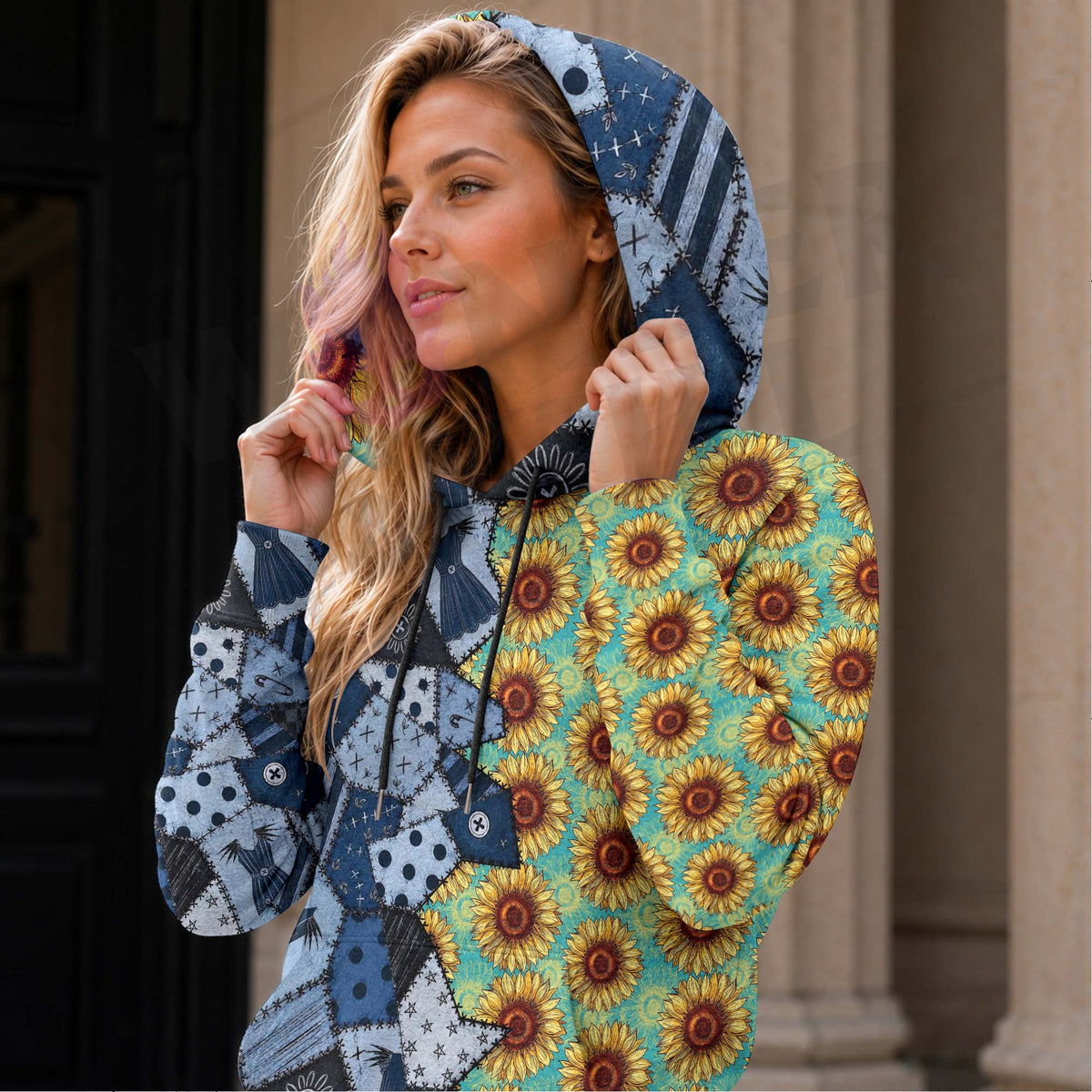 Women Hoodie and Leggings, Blue Night Blooms Pattern Outwear Pants Outfit
