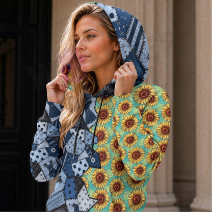 Women Hoodie and Leggings, Blue Night Blooms Pattern Outwear Pants Outfit