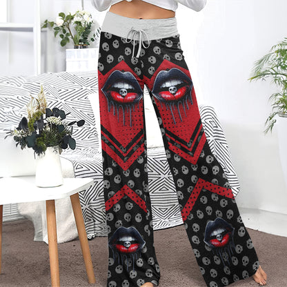Black Red Skull Lip Women's High-waisted Wide Leg Pants