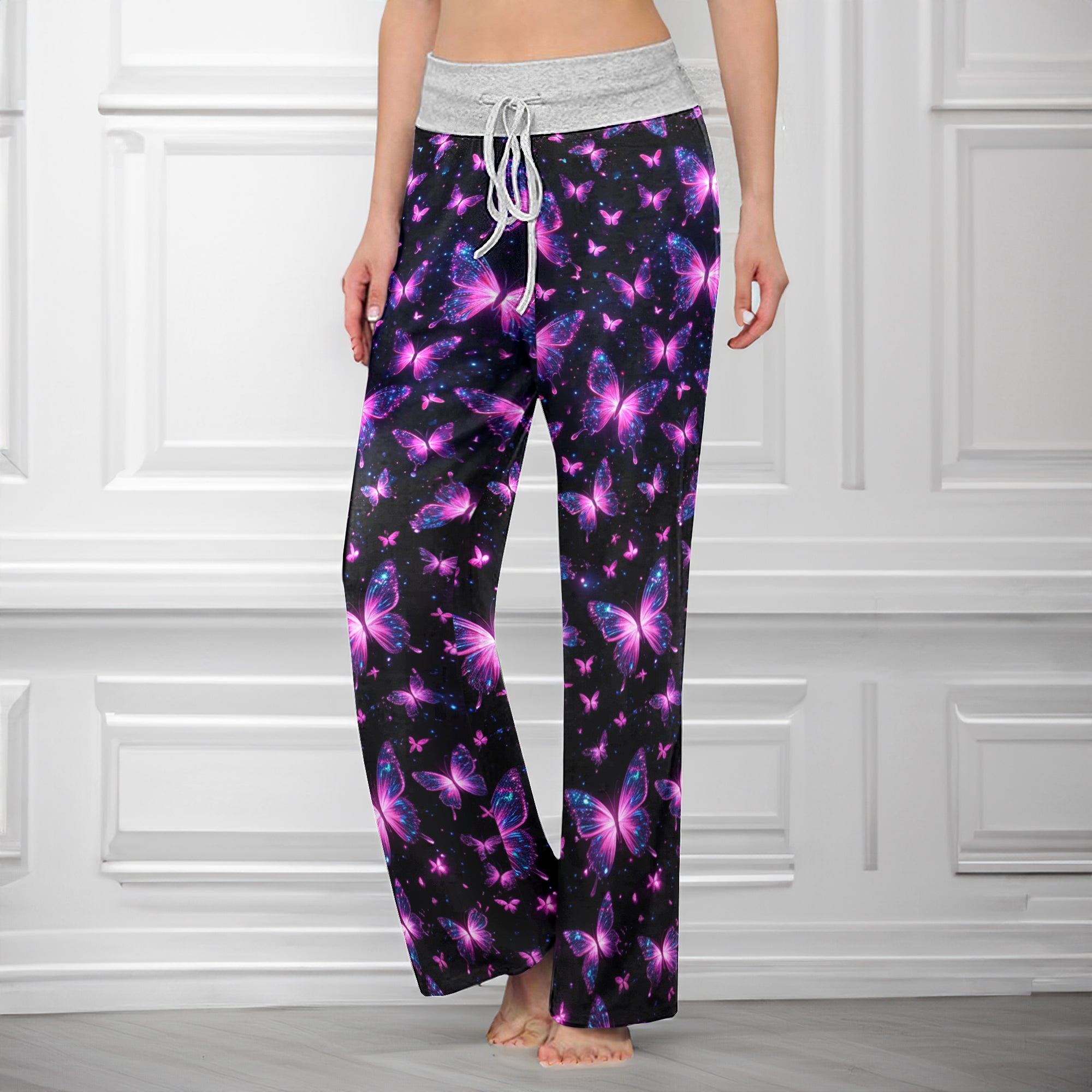 Pink Galactic Butterfly Pattern Women's High-waisted Wide Leg Pants