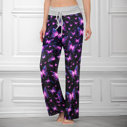 Pink Galactic Butterfly Pattern Women's High-waisted Wide Leg Pants