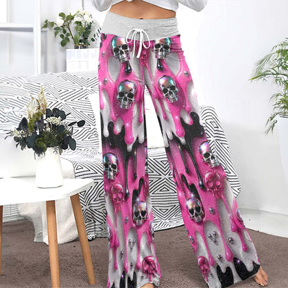 Pink Metallic Skull Lust Women's High-waisted Wide Leg Pants