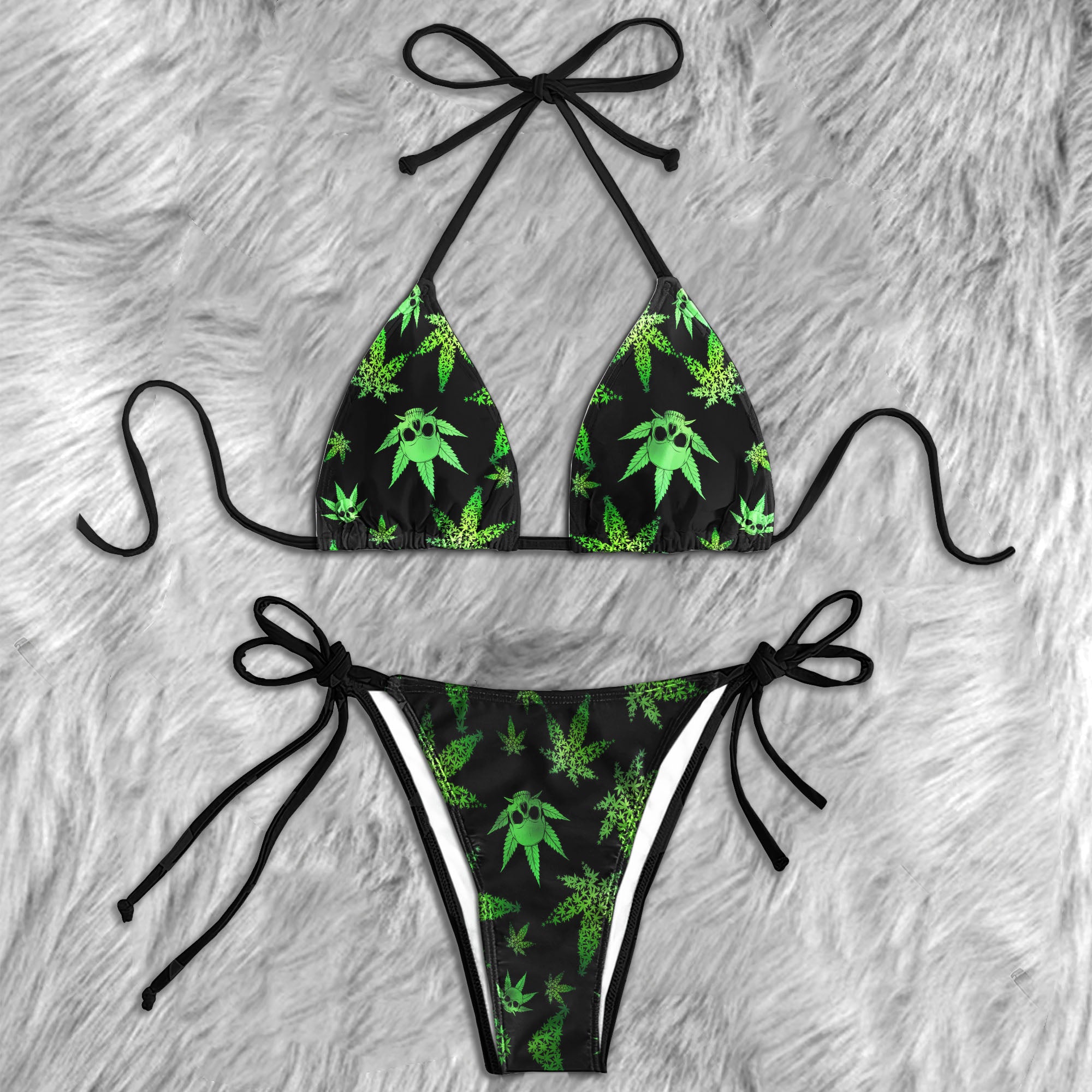 Green Skull Leaf Pattern Micro Triangle Bikini Swimsuit