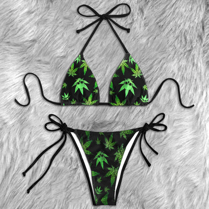 Green Skull Leaf Pattern Micro Triangle Bikini Swimsuit