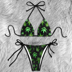 Green Skull Leaf Pattern Micro Triangle Bikini Swimsuit