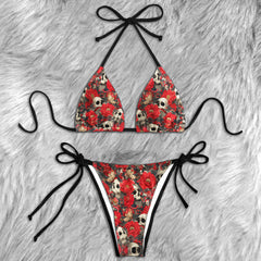 Vintage Red Peony Skull Micro Triangle Bikini Swimsuit