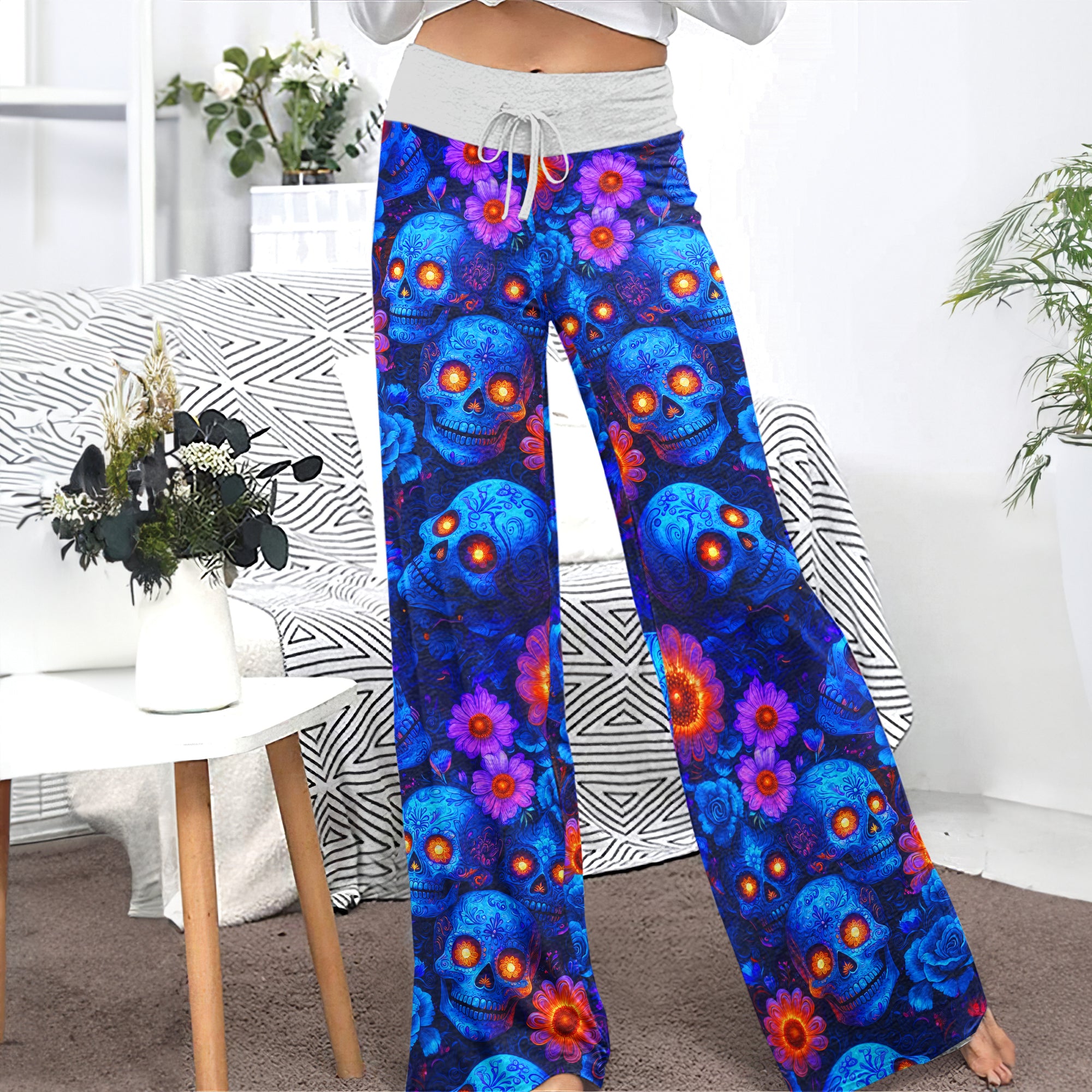 Blue Skull Pattern Women's High-waisted Wide Leg Pants