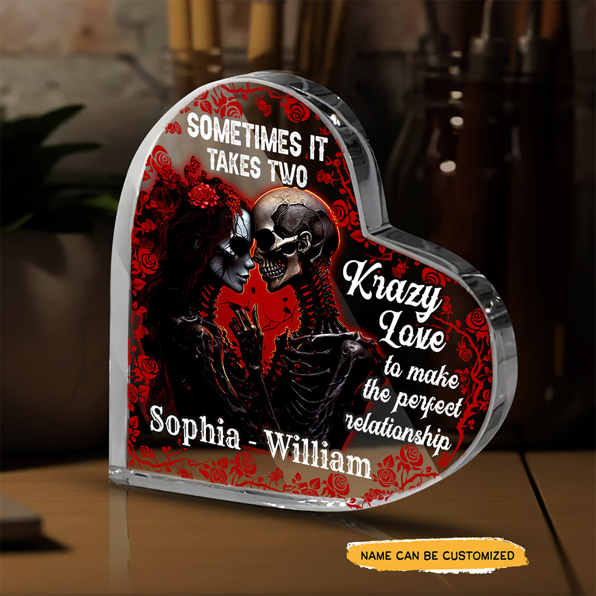 Krazy Love - Customized Skull Couple Crystal Heart Anniversary Gifts