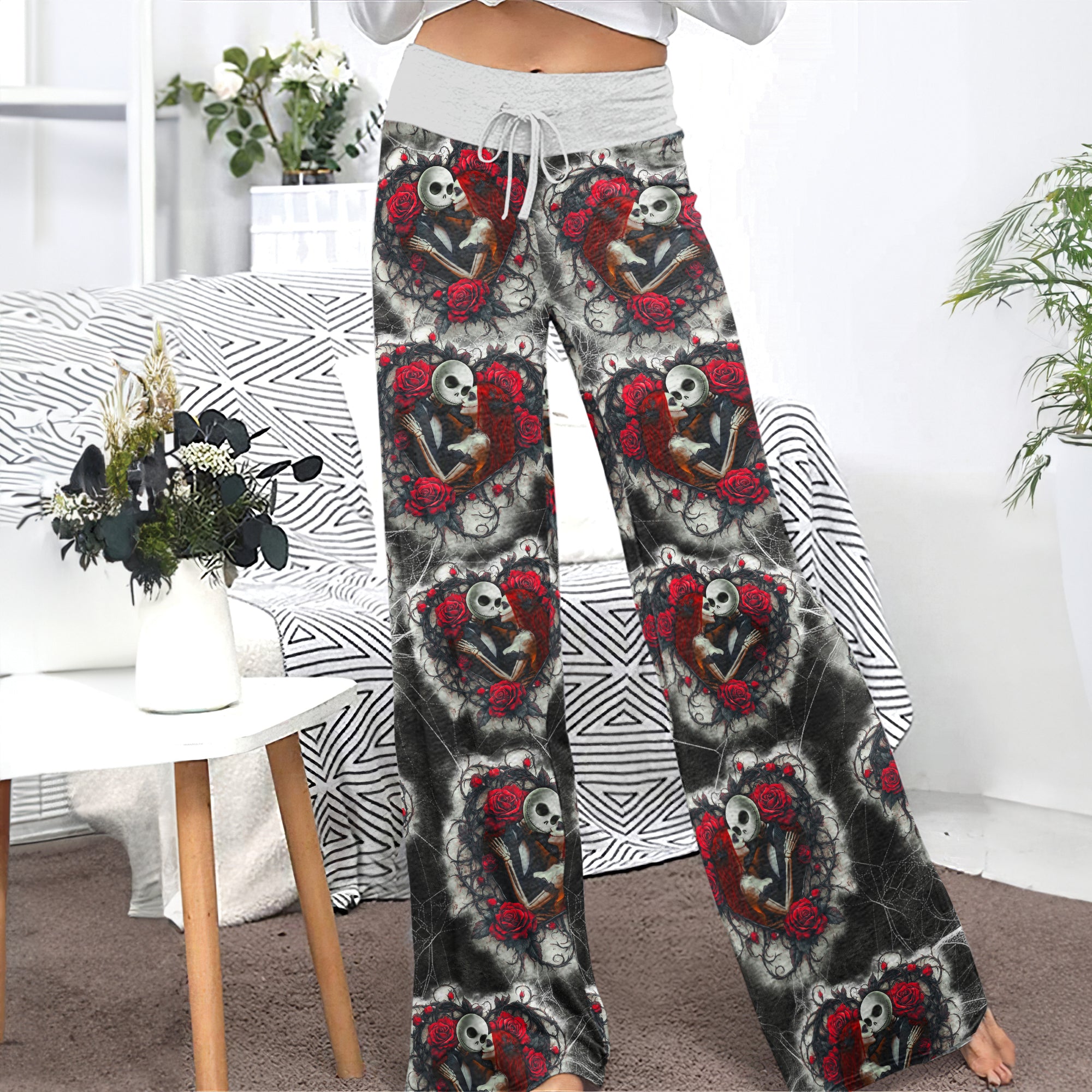 Couple Rose Pattern Women's High-waisted Wide Leg Pants