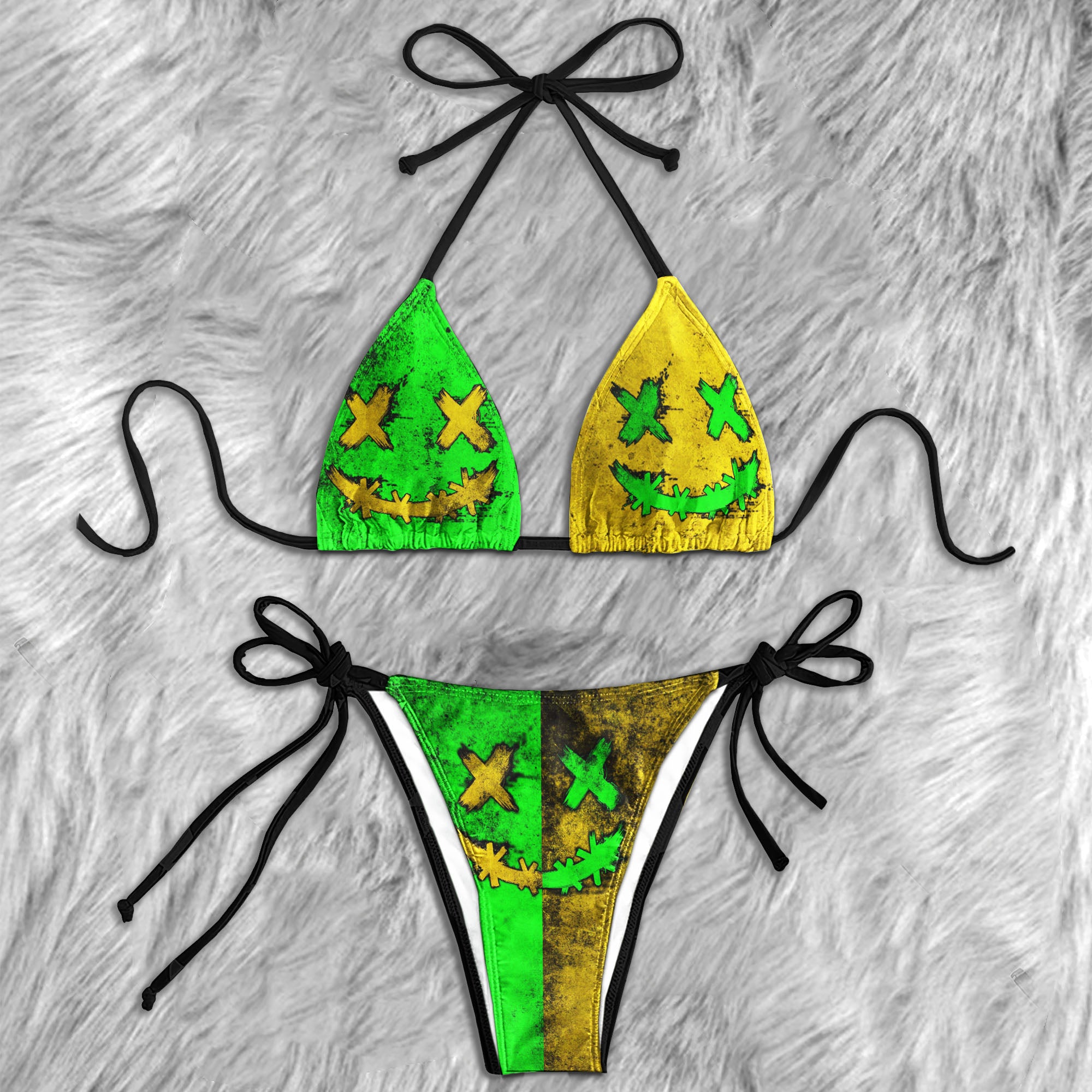 Green Yellow Crazy Face Micro Triangle Bikini Swimsuit - Wonder Skull
