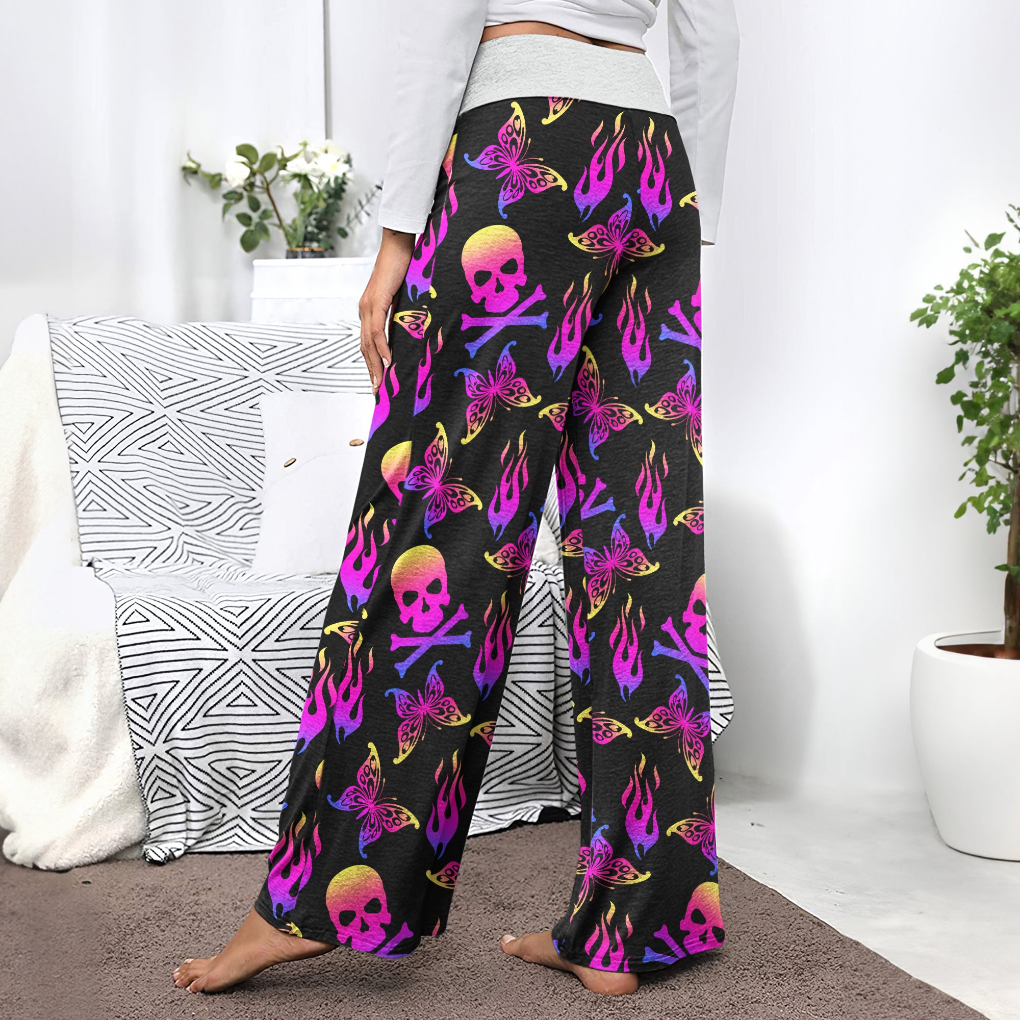 Purple Skull Butterfly Women's High-waisted Wide Leg Pants | Wonder Skull