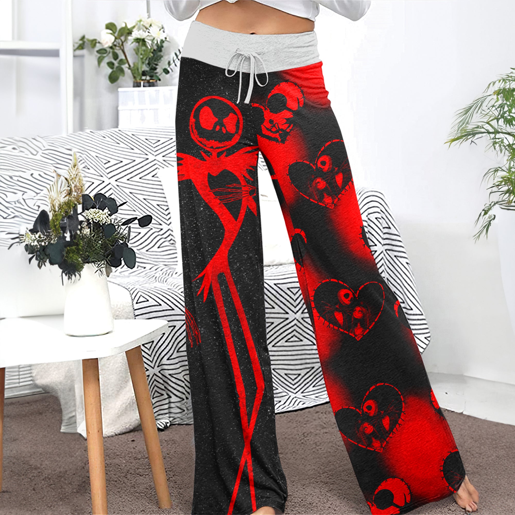 Red Skeleton Couple Art Women's High-waisted Wide Leg Pants