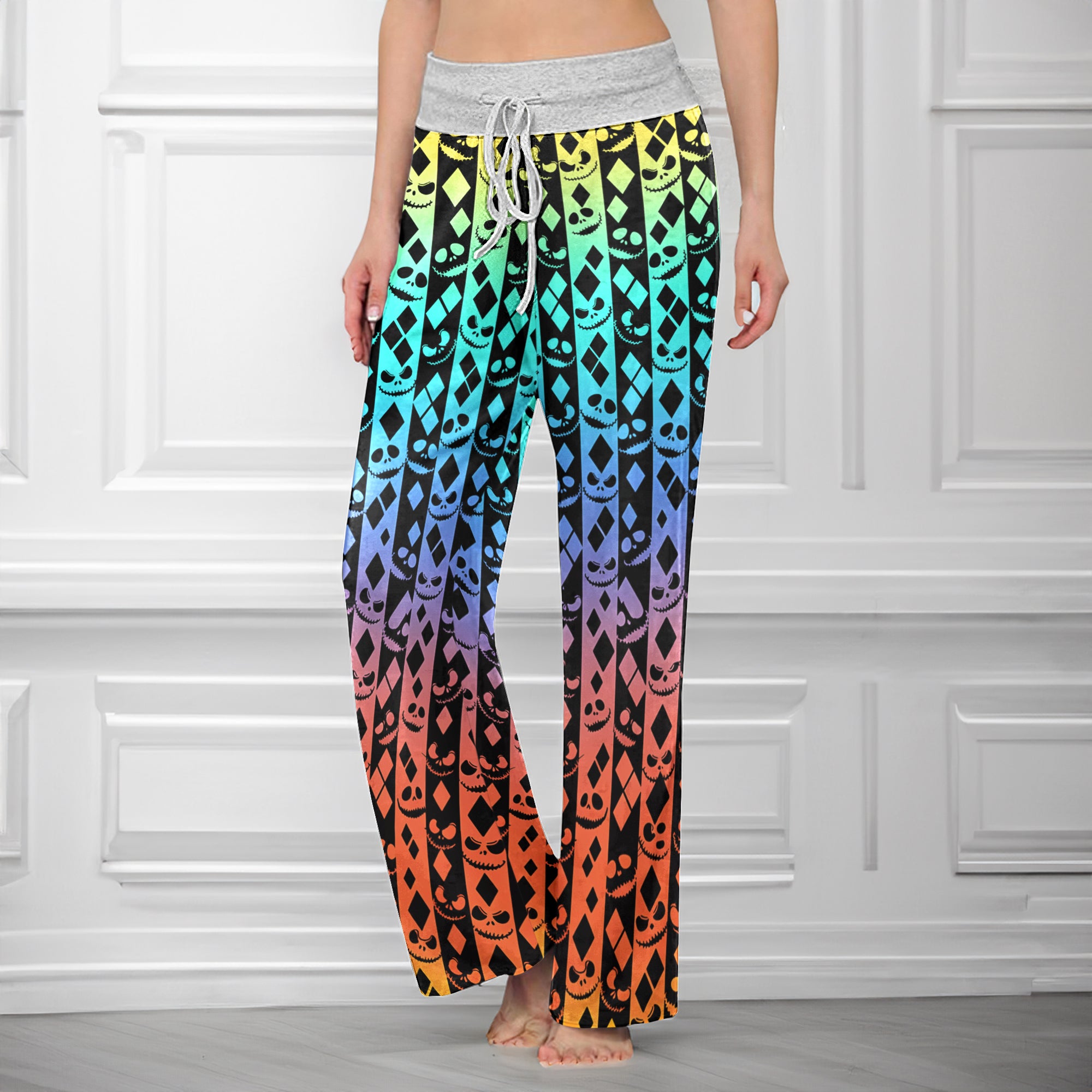 Colorful Skull Diamond Art Women's High-waisted Wide Leg Pants