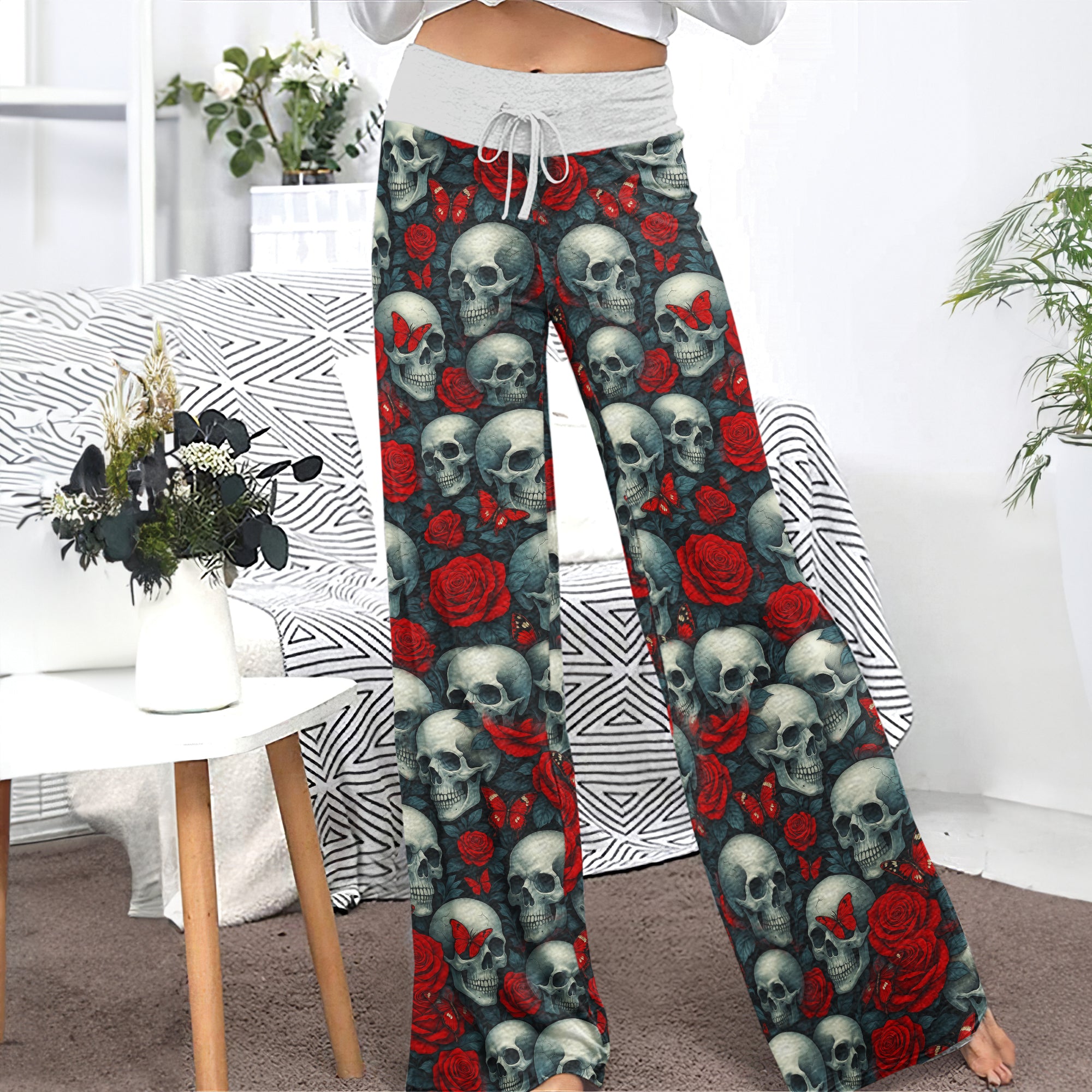 Skull Rose Gothic Seamless  Women's High-waisted Wide Leg Pants