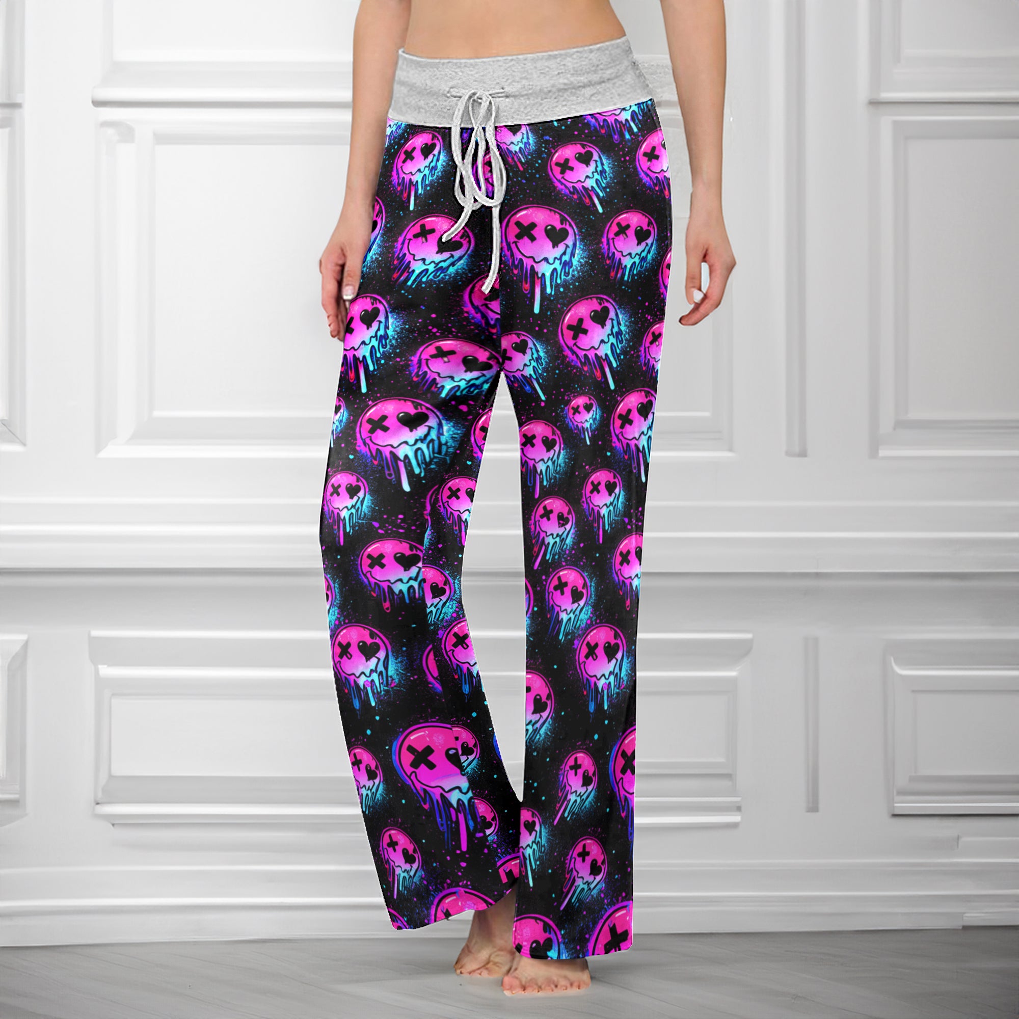 Melting Neon Skull Grunge Women's High-waisted Wide Leg Pants