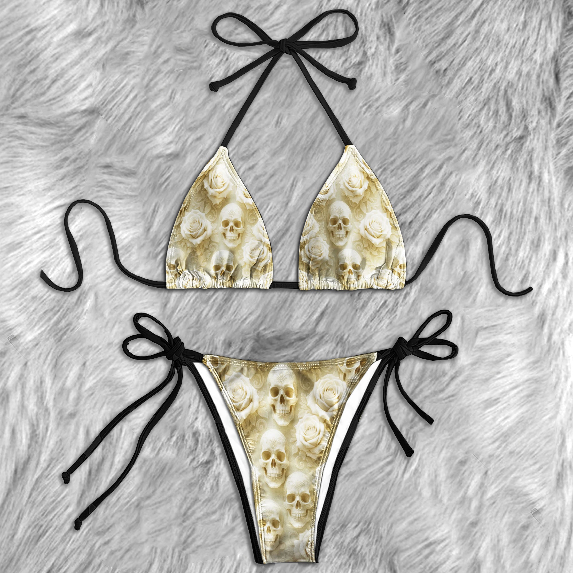 Ivory Afterlife Skull Pattern Micro Triangle Bikini Swimsuit