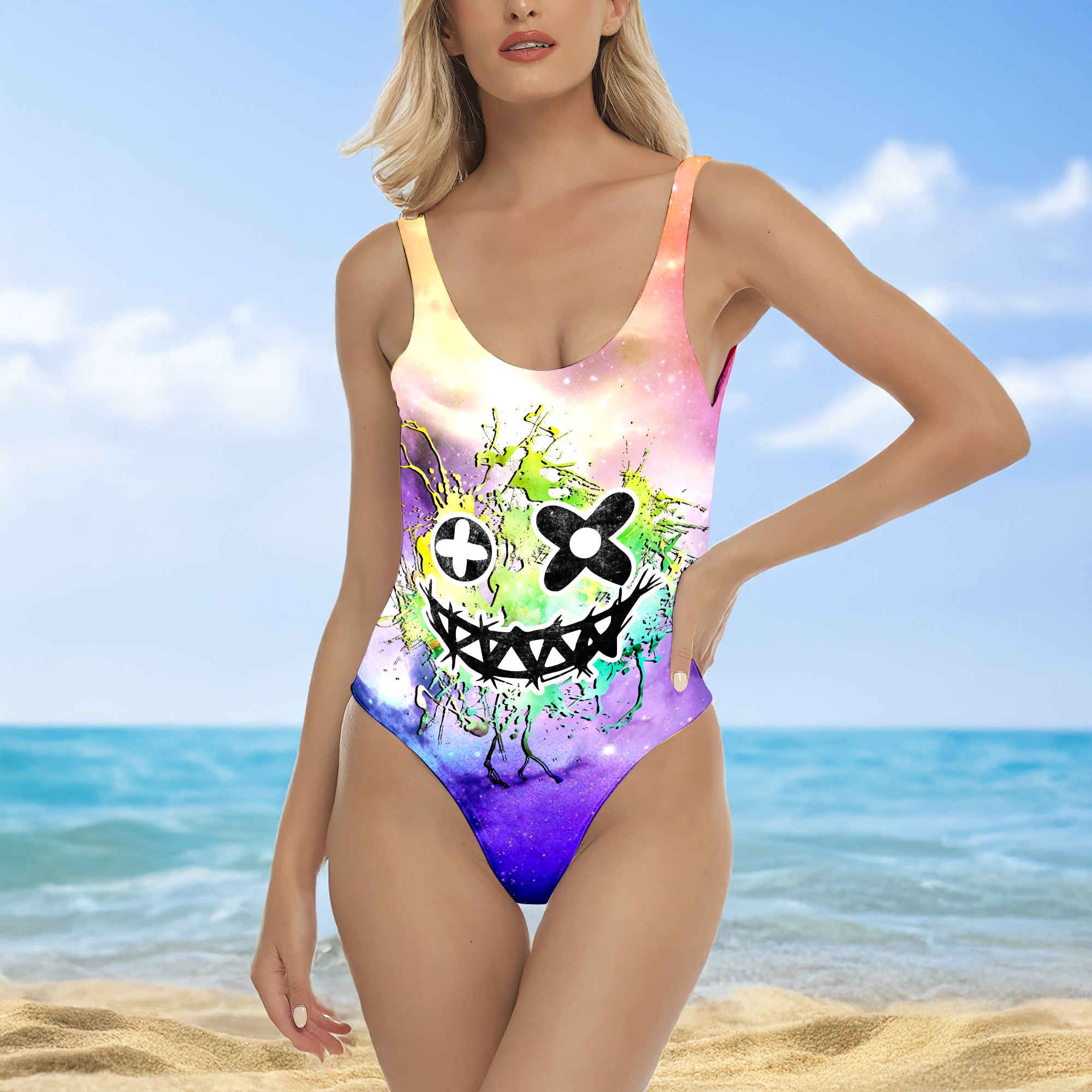 One Piece Bikini Rainbow Graffiti Skull Print Swimwear