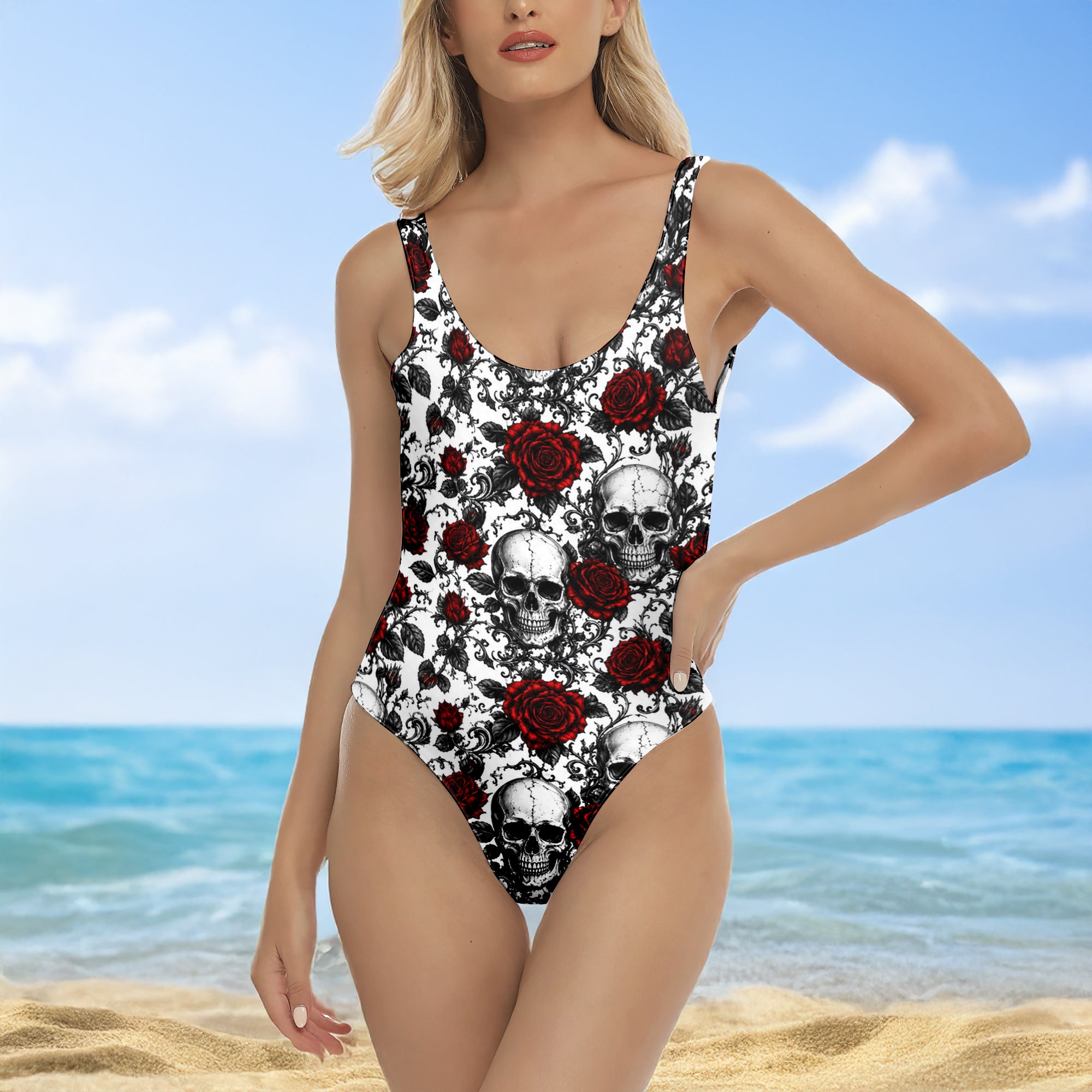 One Piece Bikini Gothic Skull Rose Seamless Print Swimwear